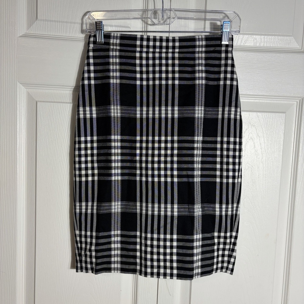 Ann Taylor Tartan Plaid Pencil Skirt Women Petite 00P Black White Linen Blend